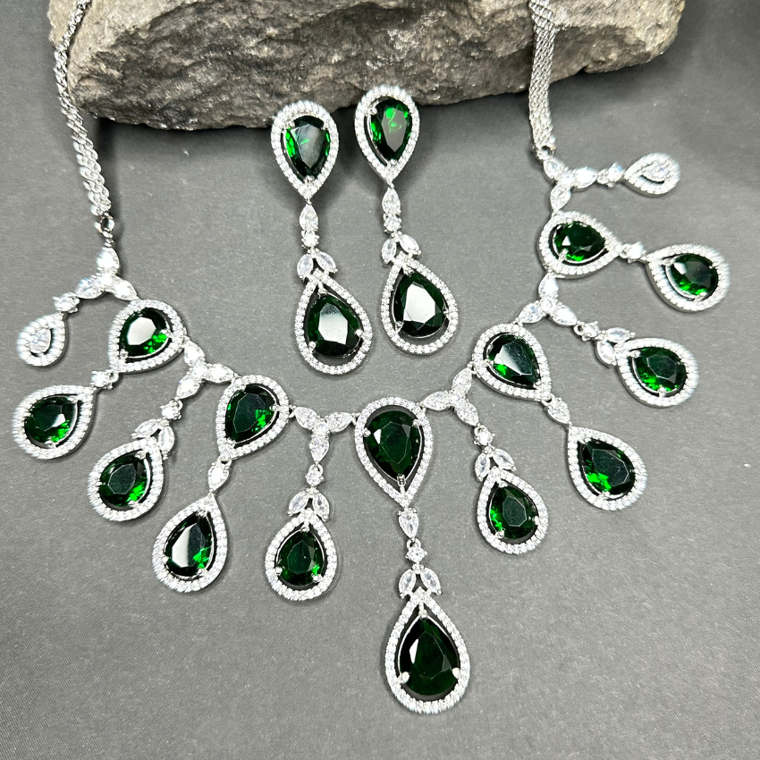 Sparkling Elegant Green Teardrop Faux American Diamond Doublet Necklace