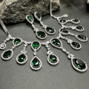 Sparkling Elegant Green Teardrop Faux American Diamond Doublet Necklace