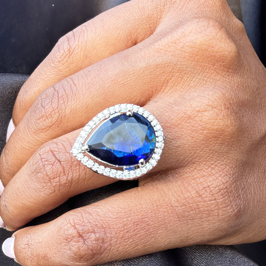 Sapphire Blue Pear Cut Stunning American Diamond Ring