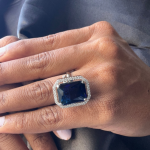 Sparkling Sapphire Blue Rectangle American Diamond Ring