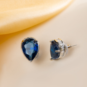 Rhodium-Plated American Diamond Leaf Shaped Studs Earrings- Blue